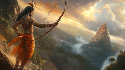 Mythic archer overlooking stormlit temple valley at dusk.