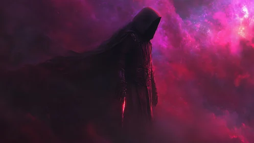 Nebula-cloaked reaper walks through crimson cosmic storm.