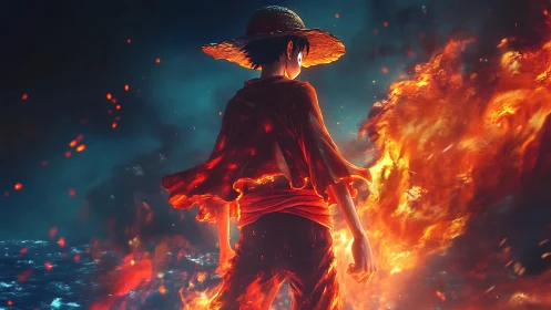 Dynamic anime figure backlit by volumetric fire and ocean spray