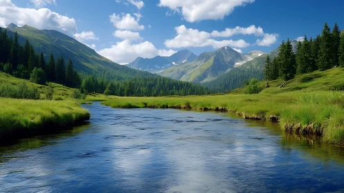 Mountain river flows through green valley under clear sky