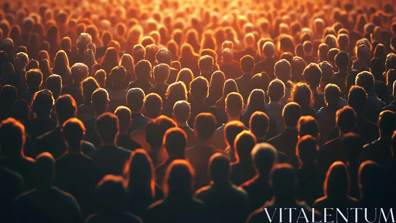Golden evening crowd gathers under warm glowing light together