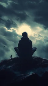 Solitary silhouette before a stormlit lunar horizon.