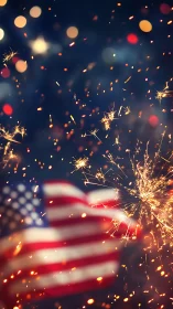 Sparkling lights dance around a warmly glowing US flag