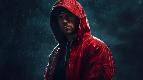 Moody hooded portrait uses cinematic lighting on red jacket
