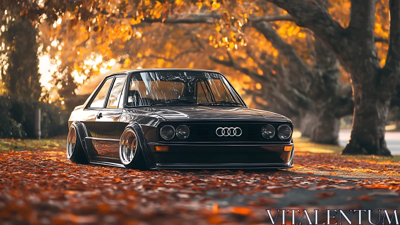 Low stance black Audi sedan parked on autumn street scene.