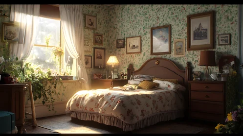 Sunlit vintage bedroom with floral decor and indoor plants