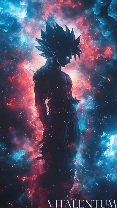 Cosmic warrior silhouette glows softly in swirling nebula light