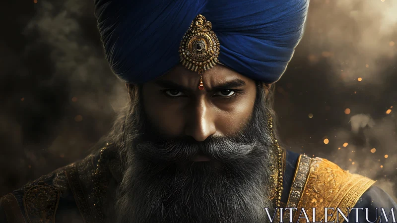 High-fidelity portrait of armored turbaned warrior in embers.