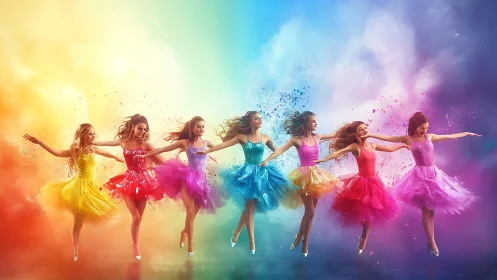 Dancers in rainbow dresses leap through clouds of vibrant color