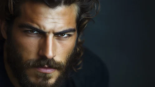 Storm-eyed bearded gaze carved in cinematic chiaroscuro.