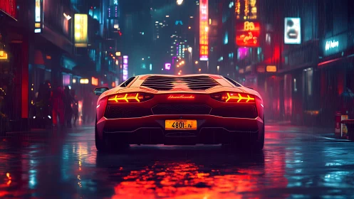 Neon‑lit supercar rear profile in reflective rain‑soaked alley.
