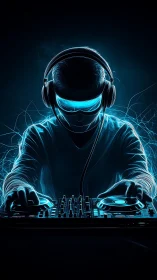 Neon visor DJ channels electric soundwaves in midnight glow.
