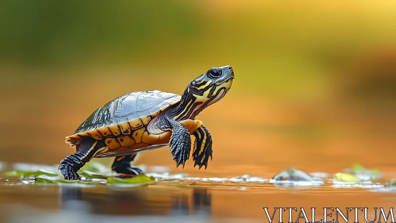 Young turtle steps through golden water in soft sunlight