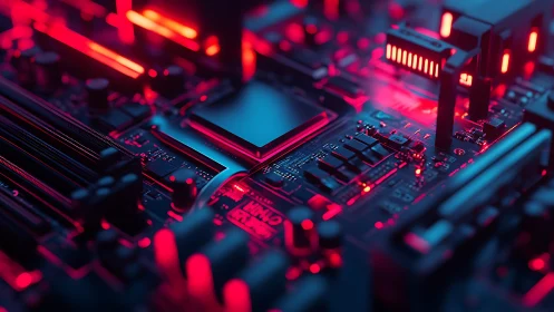 Glowing red circuit board reveals a vivid world of technology