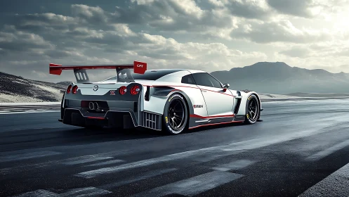 Sleek track-ready sports car pausing on a misty open road.