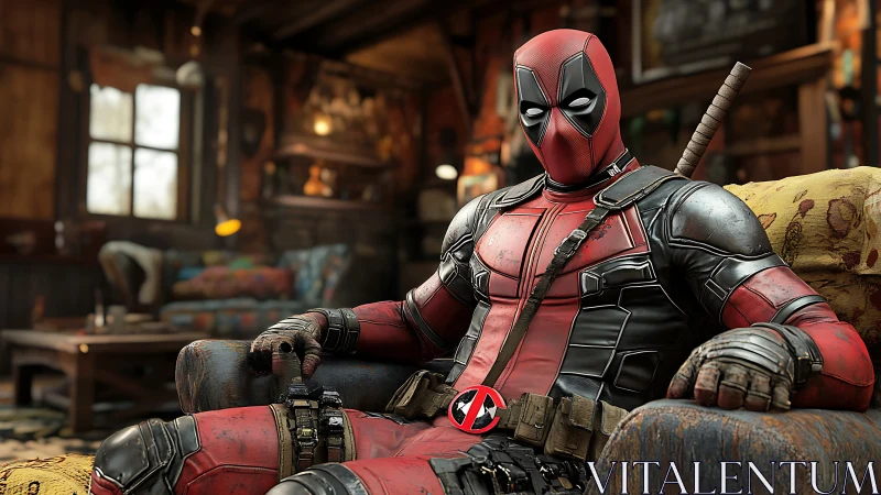 Relaxed masked hero lounging in a cozy cluttered hideout.