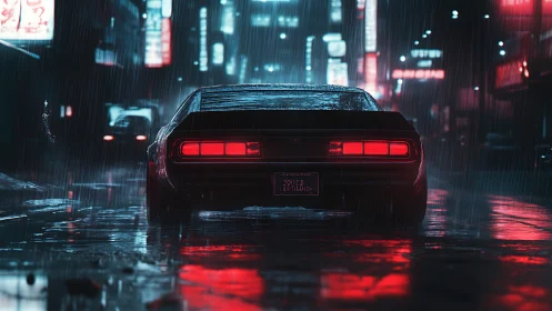 Muscle car idles under neon rain in dark urban street