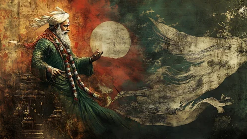 Mystic sage strides through dusk sky before full moon glow