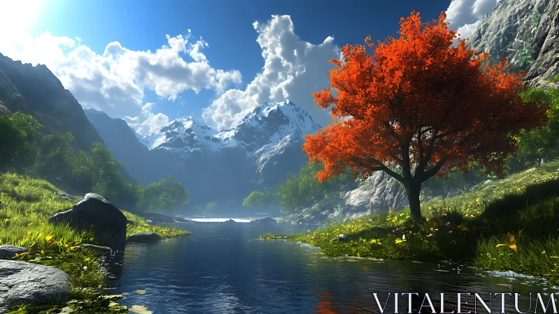 Quiet mountain river with a single blazing red tree glow.