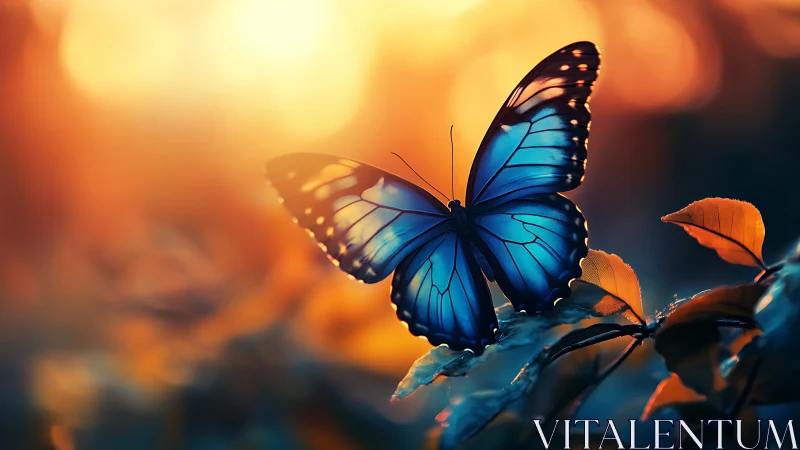 Chromatic blue butterfly under bokeh-suffused sunset illumination.