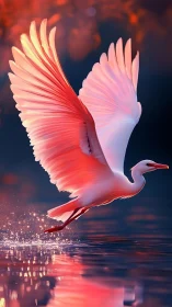 Egret with extended wings over reflective water surface.