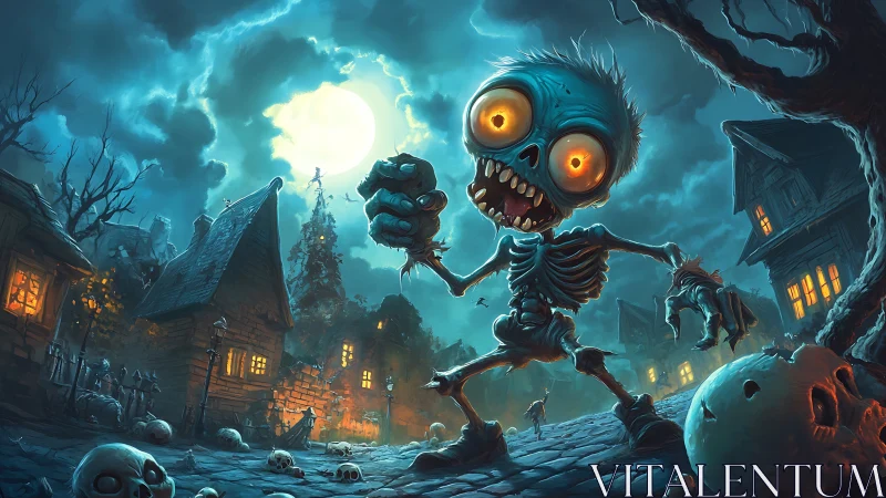 Moonlit skeleton rascal rampages through cartoon grave lane.