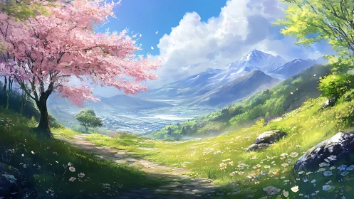 Blooming cherry tree overlooks bright valley and distant mountains