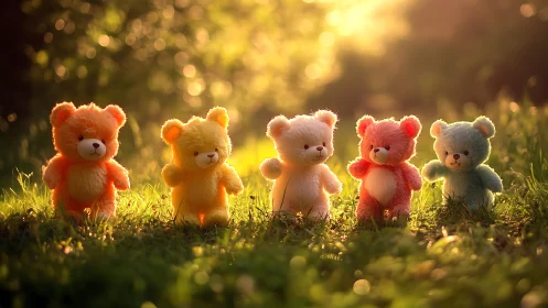 Row of colorful toy bears in warm evening sunlight.