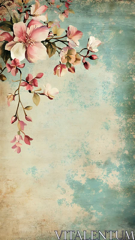 Soft spring blossoms drift gently across a vintage sky