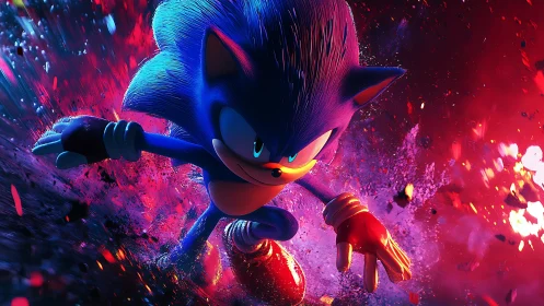 Blue anthropomorphic hedgehog running through energy field.