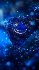 Shimmering blue water splash cradles a glowing lunar emblem