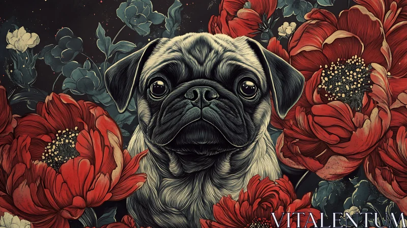 Gentle pug nestled in bold red blooms and dreamy florals.