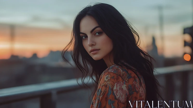 Twilight city hush leans softly around her quiet gaze