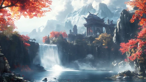 Mountain temple complex stands above waterfall and river