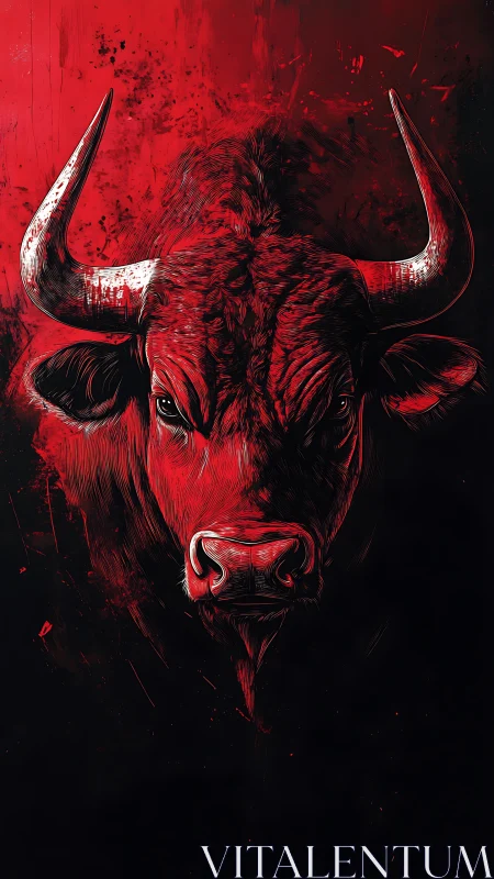 Fierce crimson bull portrait glowing against deep shadowed night.