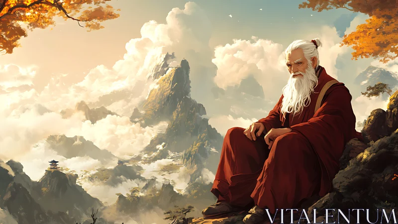 Elder monk in red robes overlooking misty mountain range
