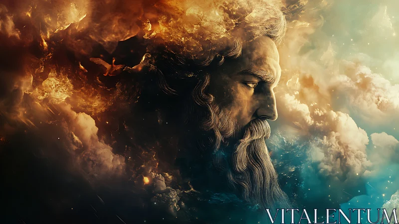 Profile of bearded stone face integrated into turbulent clouds