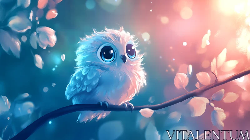 Adorable fluffy baby owl on branch in dreamy digital art style.