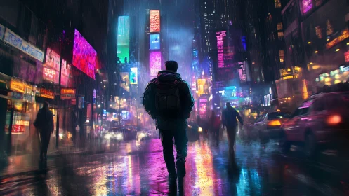Solitary figure walks through rain-soaked neon city street