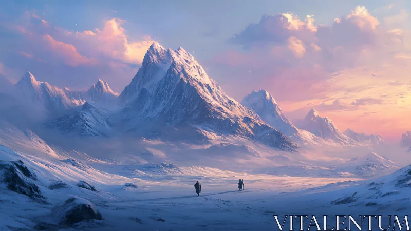 Sunlit icy peaks dominate vast winter expedition valley.