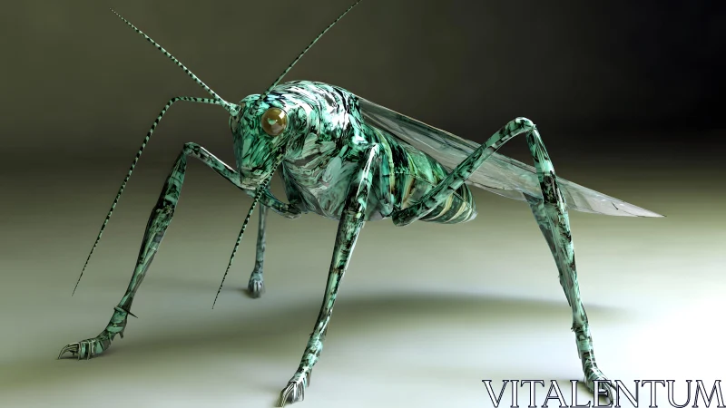 Futuristic robotic grasshopper with metallic textures in 3D art.