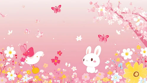 Sweet springtime bunny and bird in a pink flower meadow.