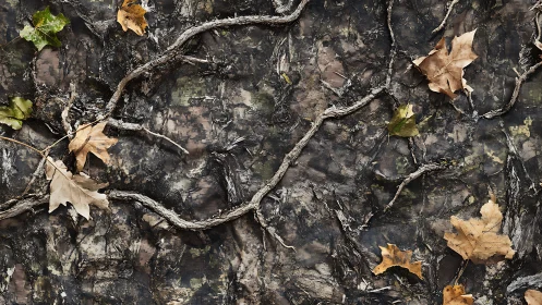 Textured forest floor camouflage with branches and leaves.