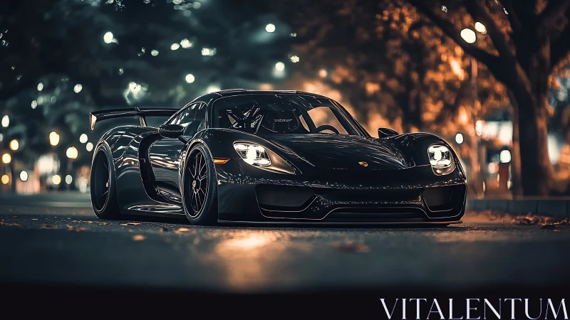 Low-slung black supercar under city night lights.