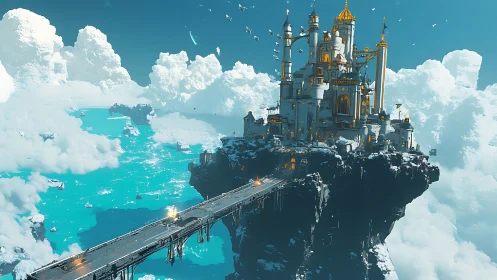 Skyborne citadel glows above turquoise cloud oceans.