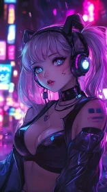 Neon lit anime girl with headphones in cyberpunk city