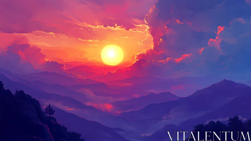 Sun descends over stratified mountain ranges under clouds