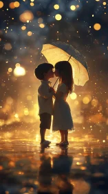 Two Children Sheltering Under Glowing Yellow Umbrella at Night