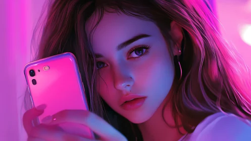 Neon lit girl gazes at phone in dreamy cyber glow