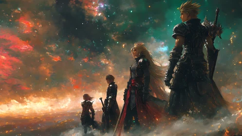 Star-forged warriors wander the emberlit horizon sky